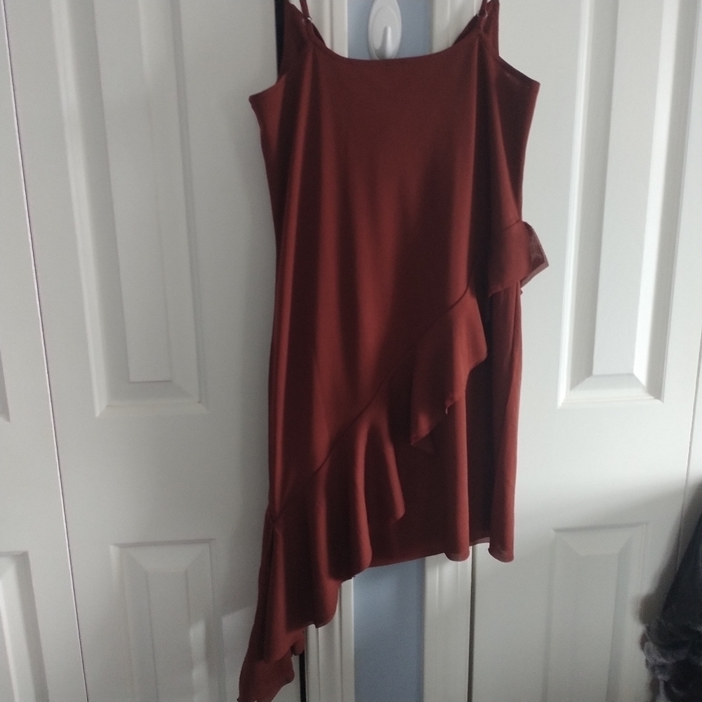 Nordstrom Open Edit Ruffle Mesh Mini Dress Rust Cherry S - Picture 7 of 11